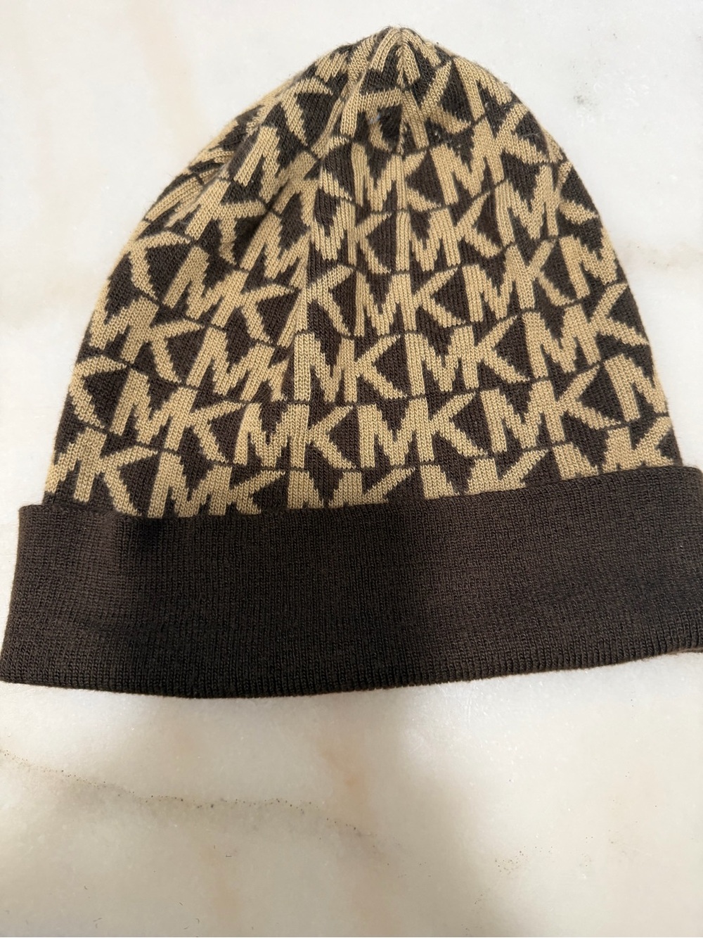 Michael Kors Brown and Cream MK Logo Knit Beanie